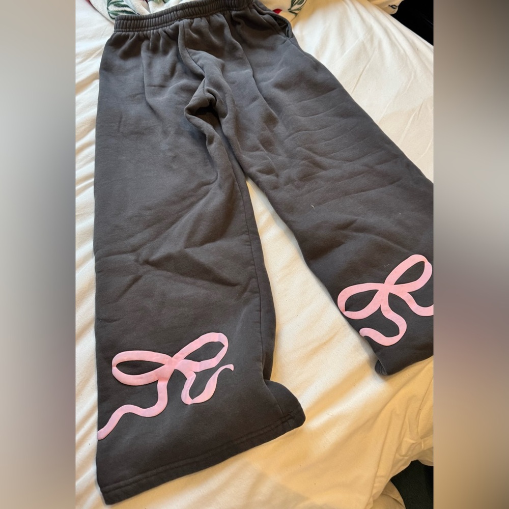Edikted Black Wide Leg Sweatpants with Pink Ribbon Detail